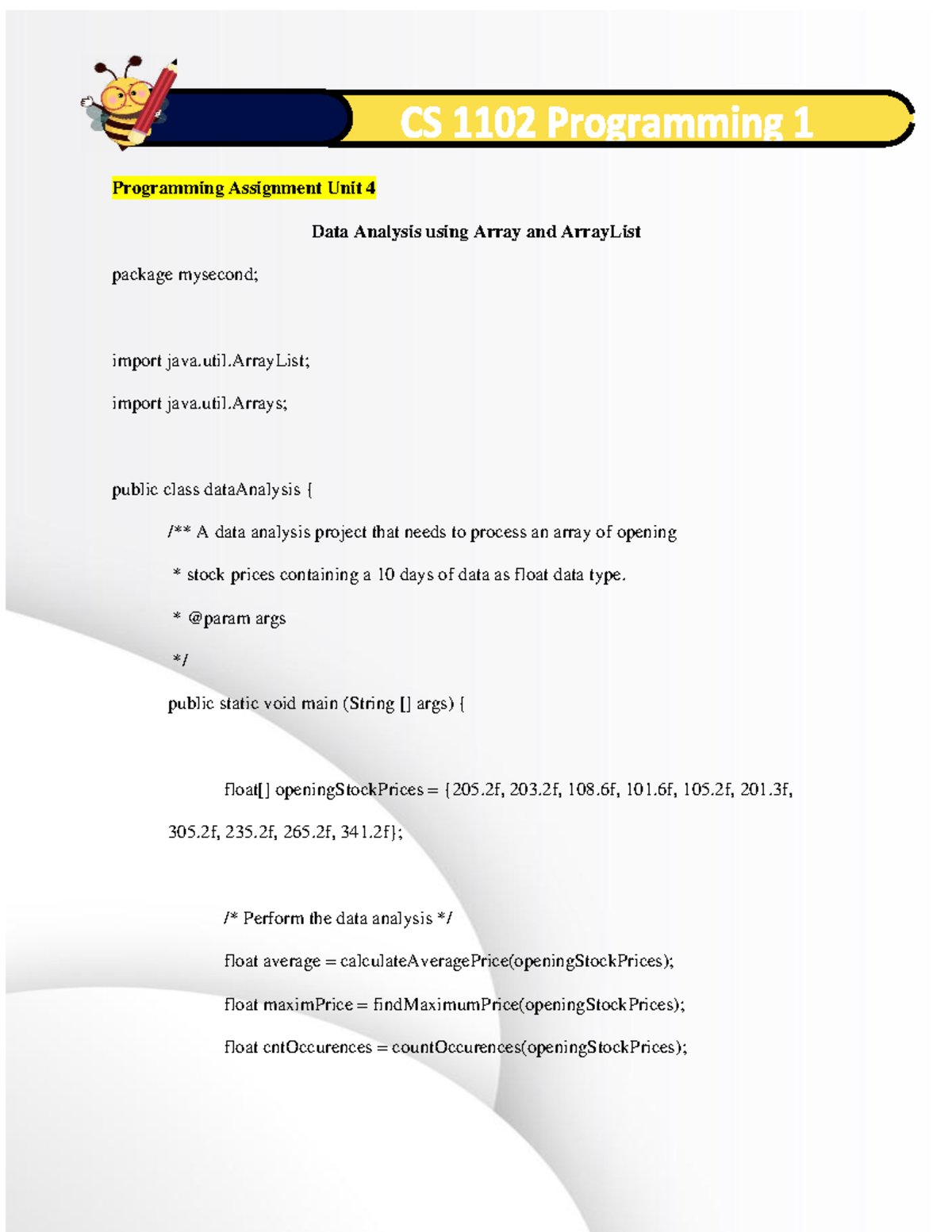 CS 1102 Programming Assignment 4: Data Analysis with Arrays - Studocu