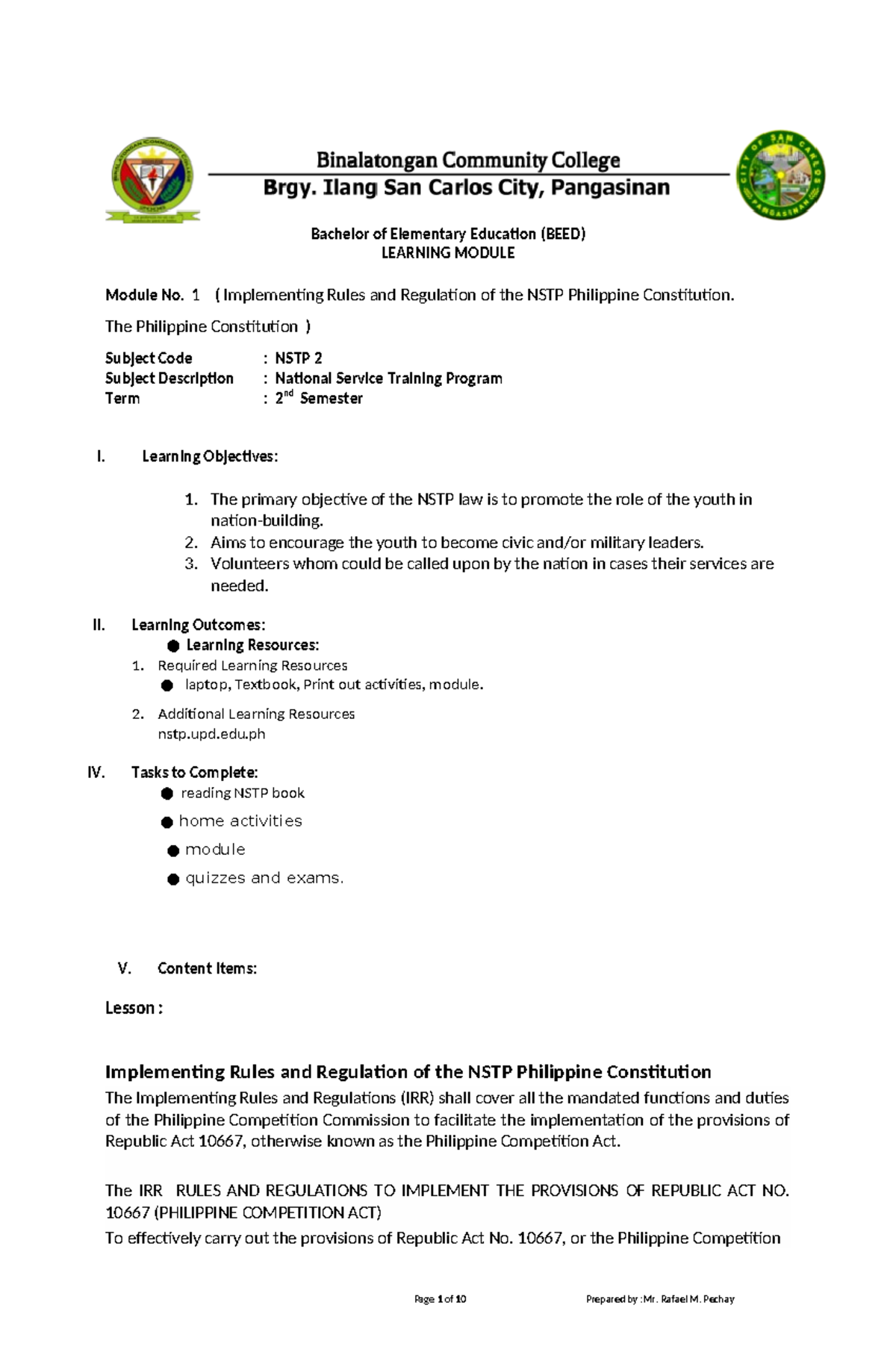 Module 1 NSTP 2: Implementing Rules & Regulations of the NSTP - Studocu
