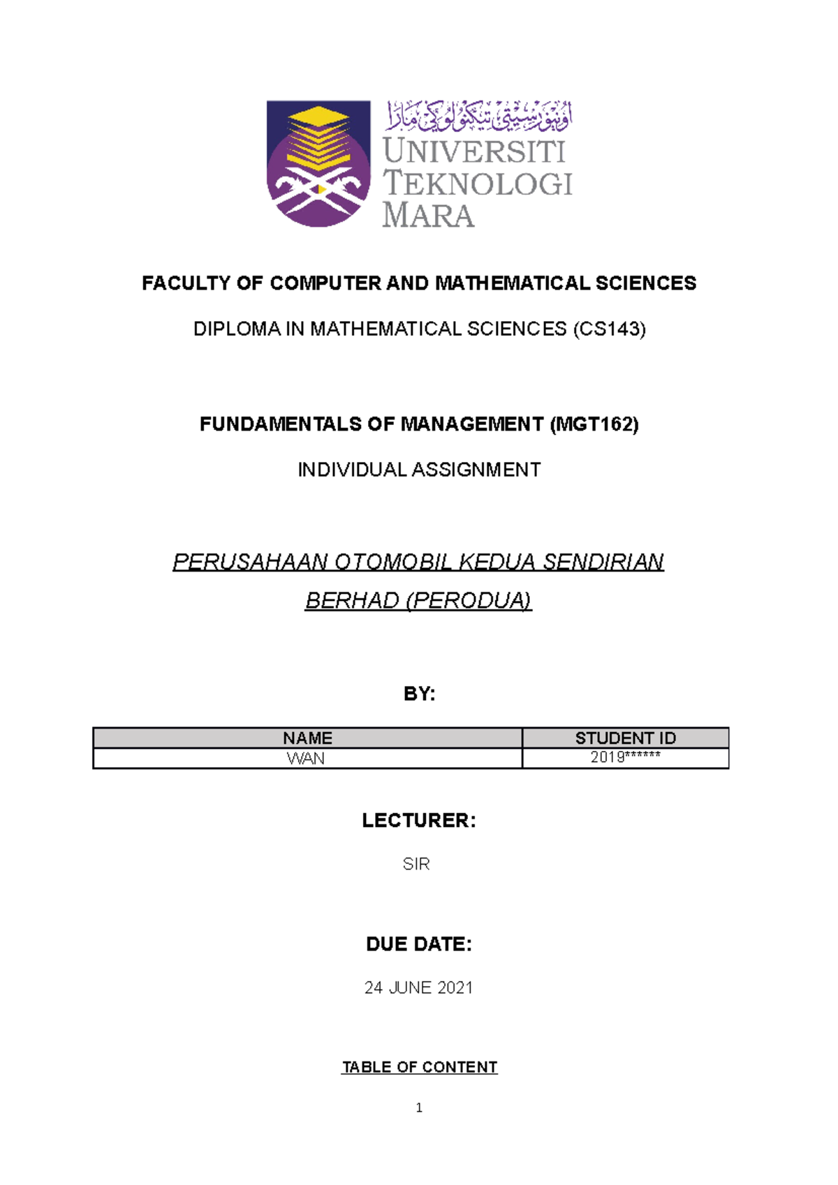 Individual Assignment MGT162 - fundamental of management - UiTM - Studocu