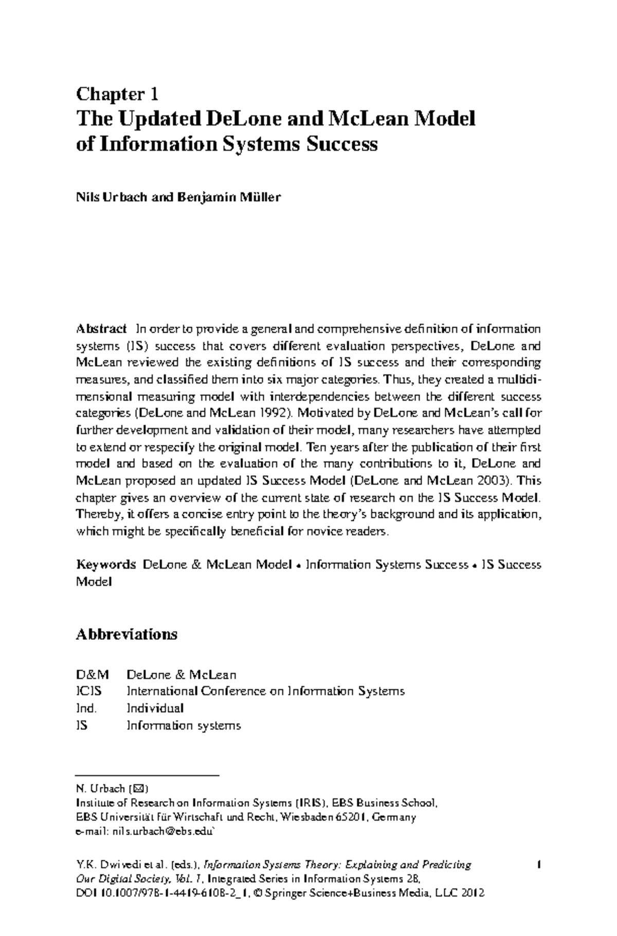 Chapter 1: Overview of the Updated DeLone and McLean IS Success Model ...