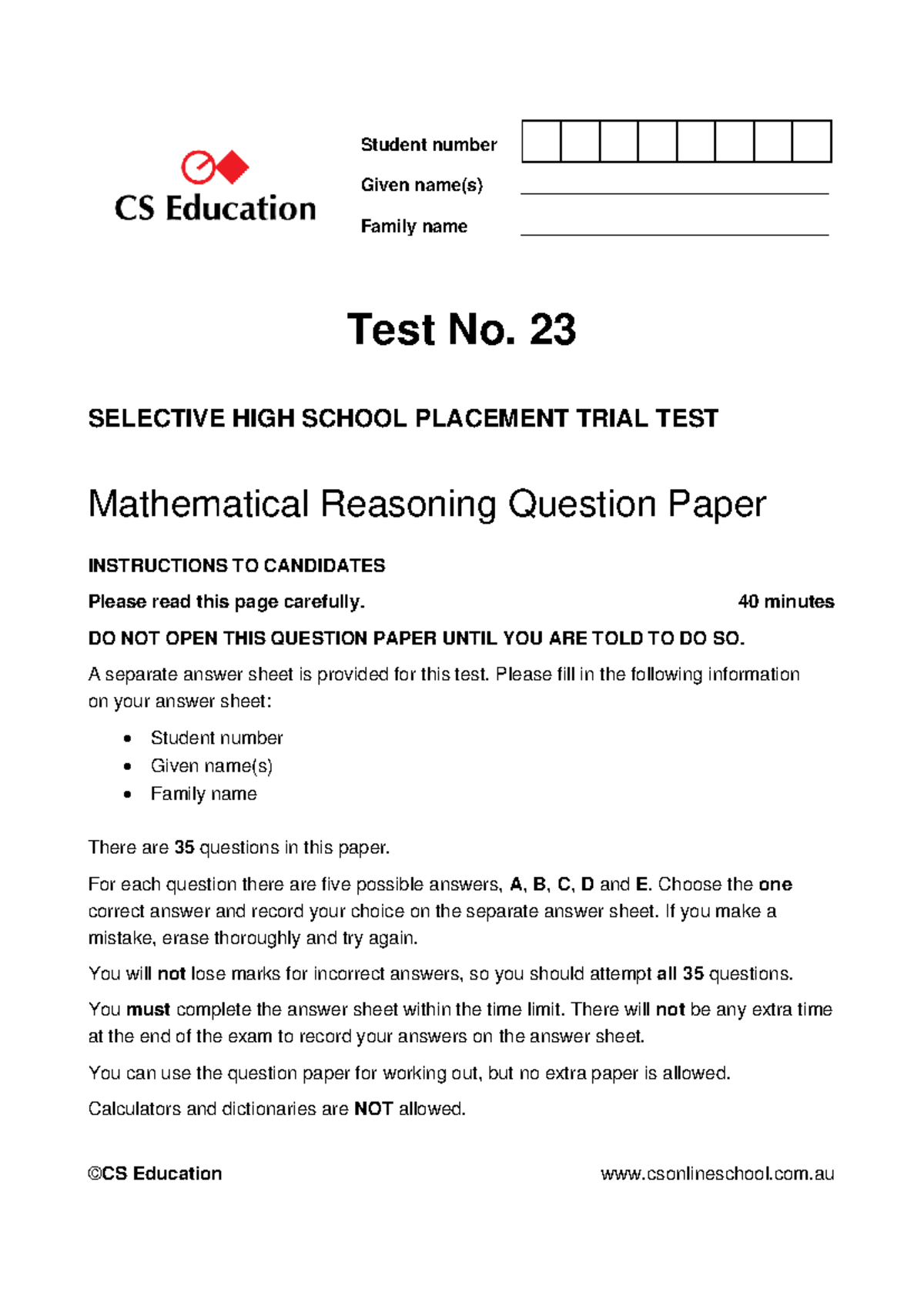 Selective High School Placement Trial Test No. 23: Mathematical ...