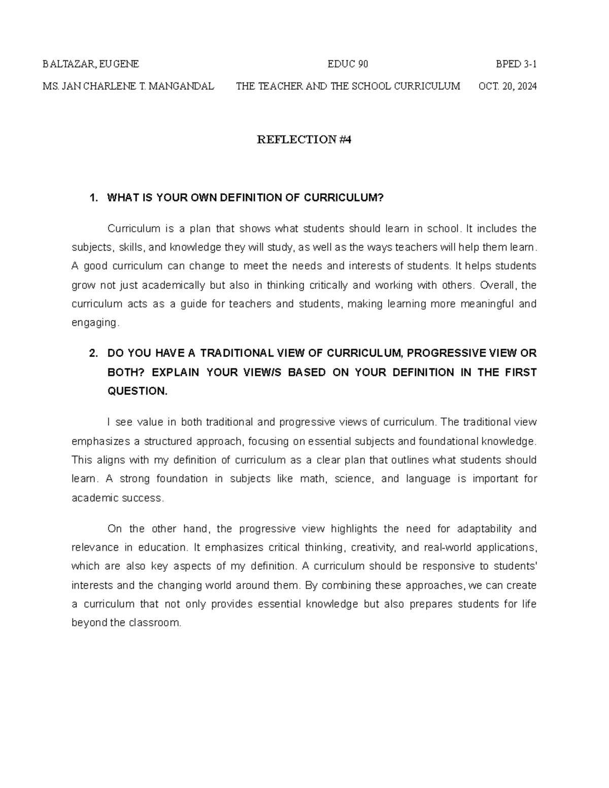 Reflection #4 on Curriculum in EDUC90 - Studocu