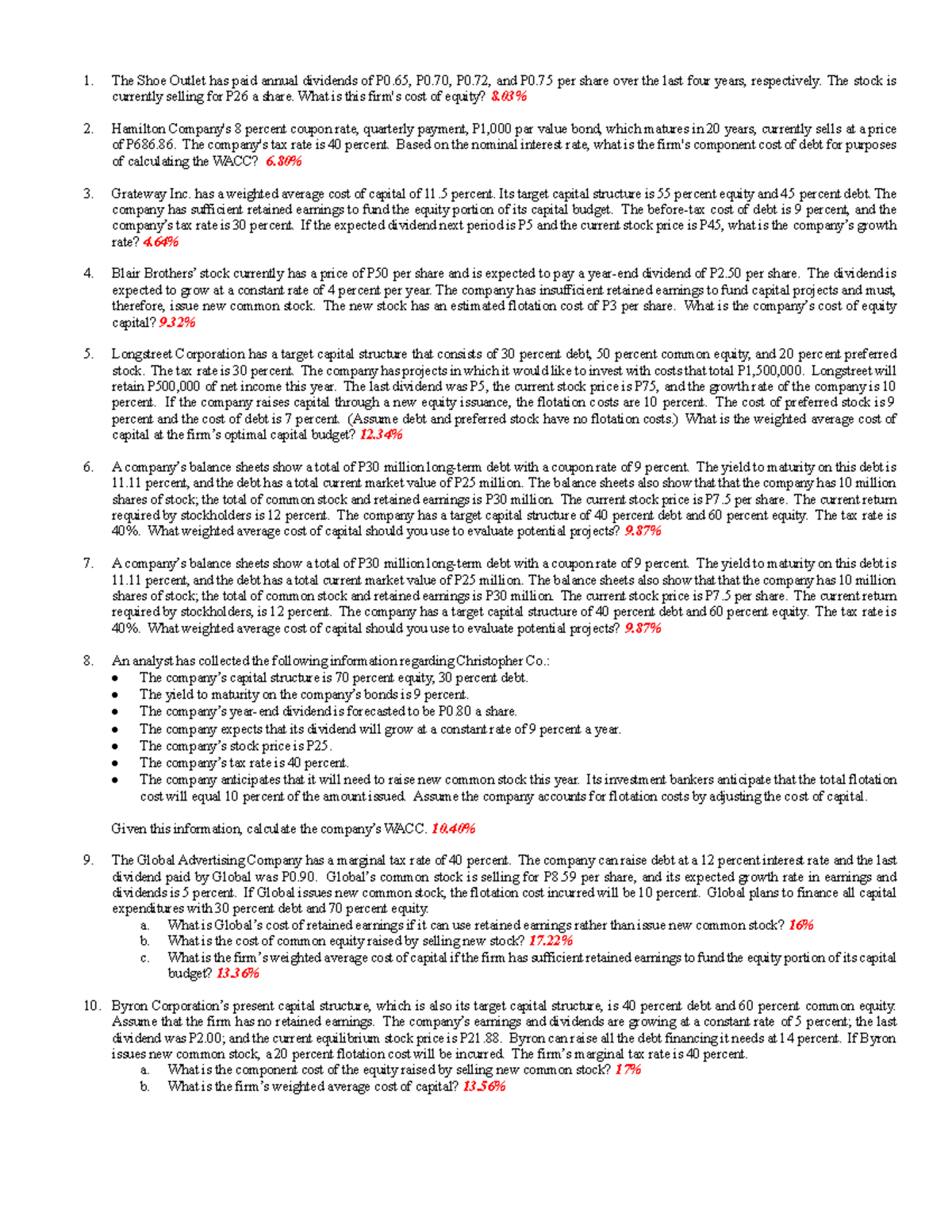 Cost of Capital Analysis and Solutions for Finance 101 - Studocu