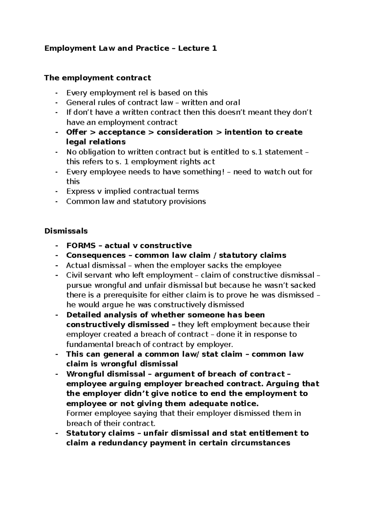 Lecture 1 Notes - Employment Law LPC: Understanding Employment ...