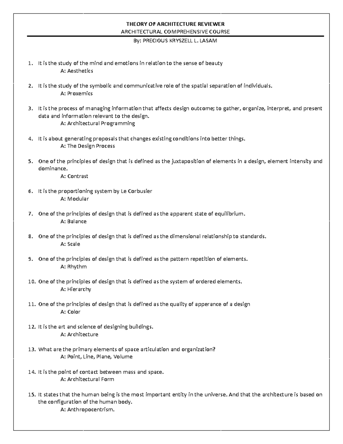 ARCH 101 - Theory of Architecture Comprehensive Review Summary - Studocu