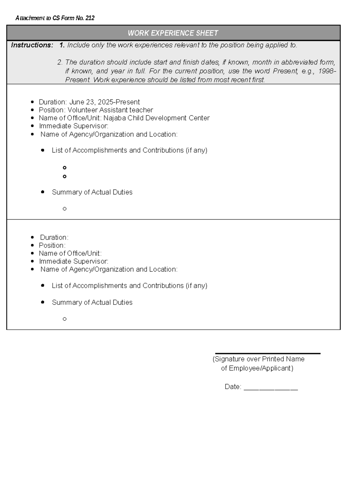 Annex H-2 - CS Form No. 212: Work Experience Sheet Instructions - Studocu