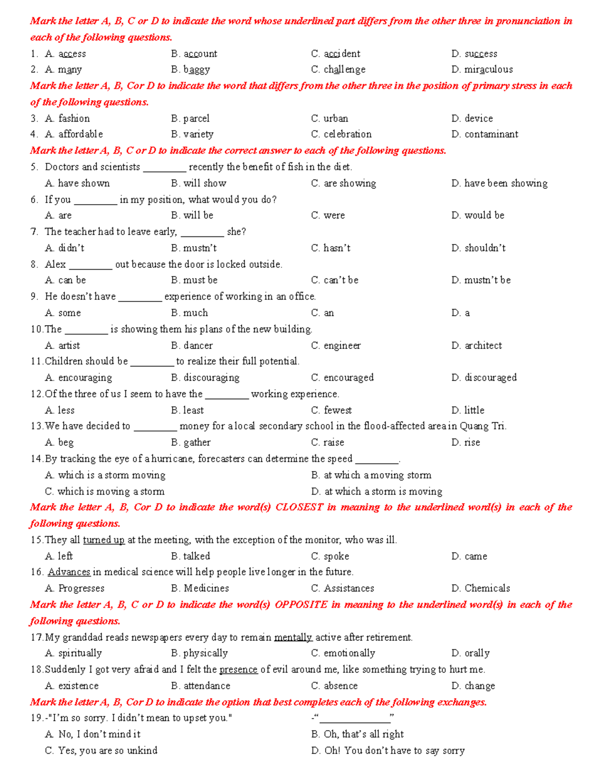 Pronunciation and Stress Practice Questions for English Language ...