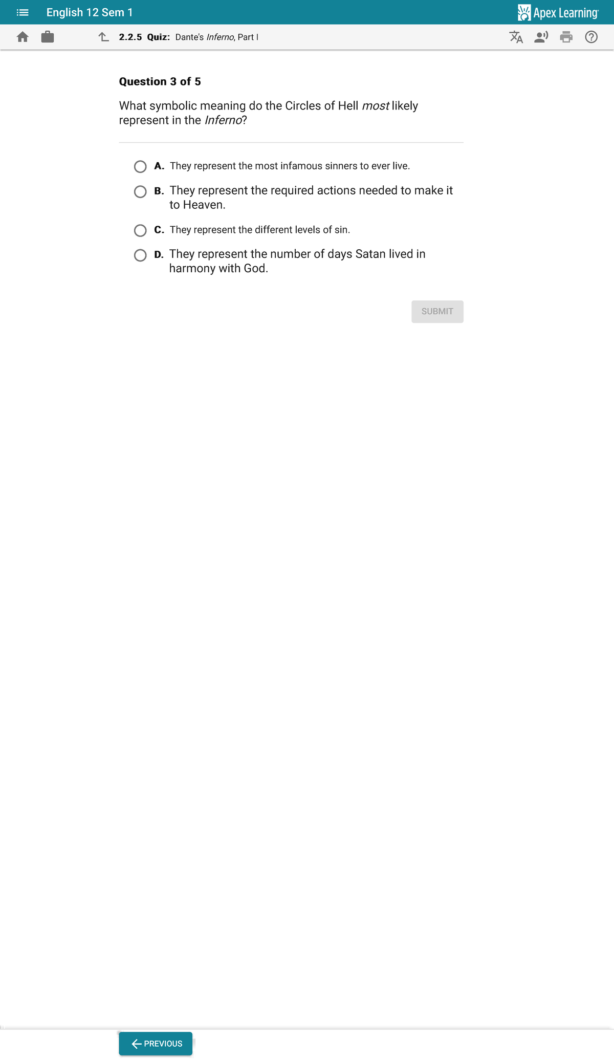 Quiz Dante's Inferno, Part I English 12 Sem 1 Question
