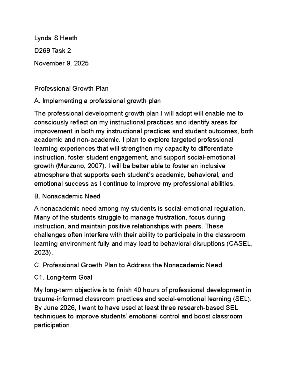 Professional Growth Plan: Addressing Academic & Nonacademic Needs D269 ...