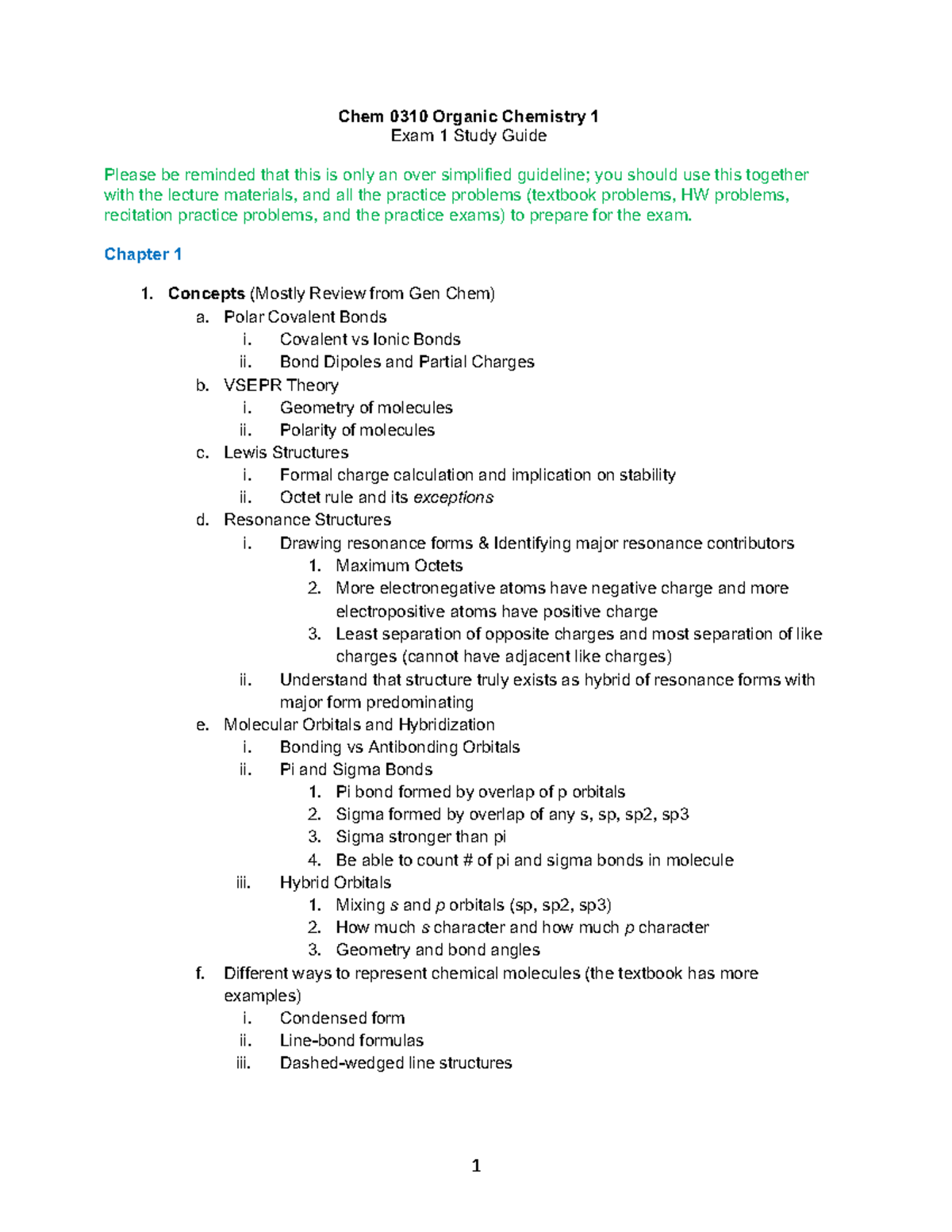 Chem 0310 Organic Chemistry 1 Exam 1 Study Guide and Review Notes - 1 ...