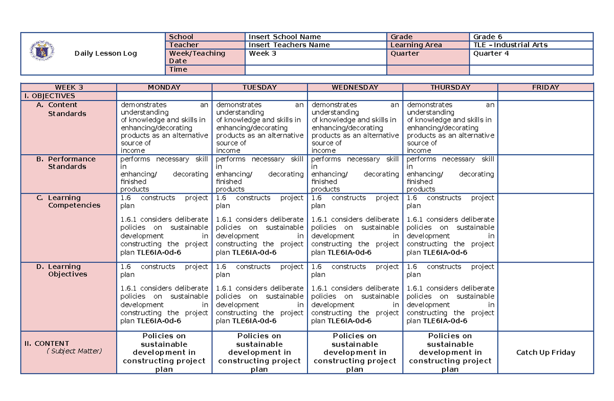 DLL IA Q4 W3 - daily lesson log - Daily Lesson Log School Insert School ...