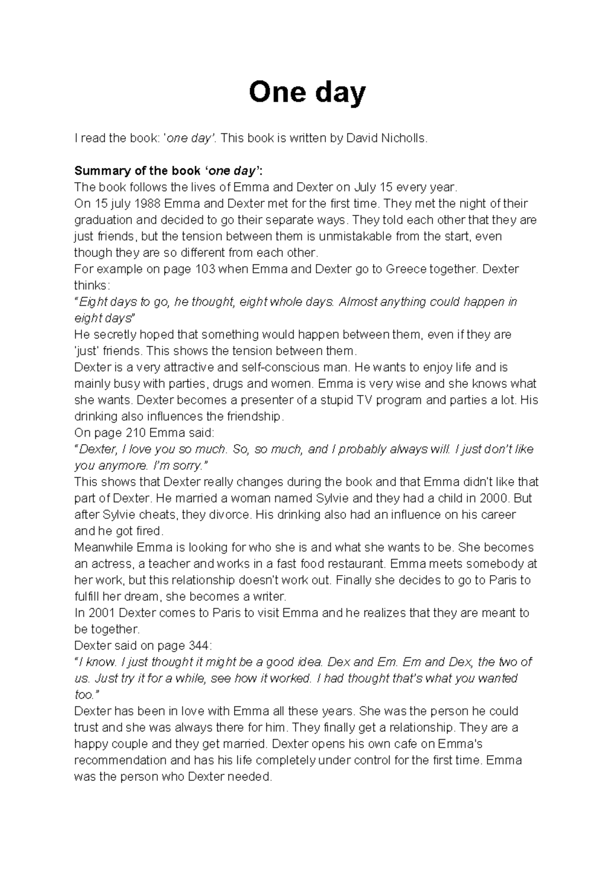 One Day Book Summary - Insights on Emma & Dexter's Journey - Studeersnel