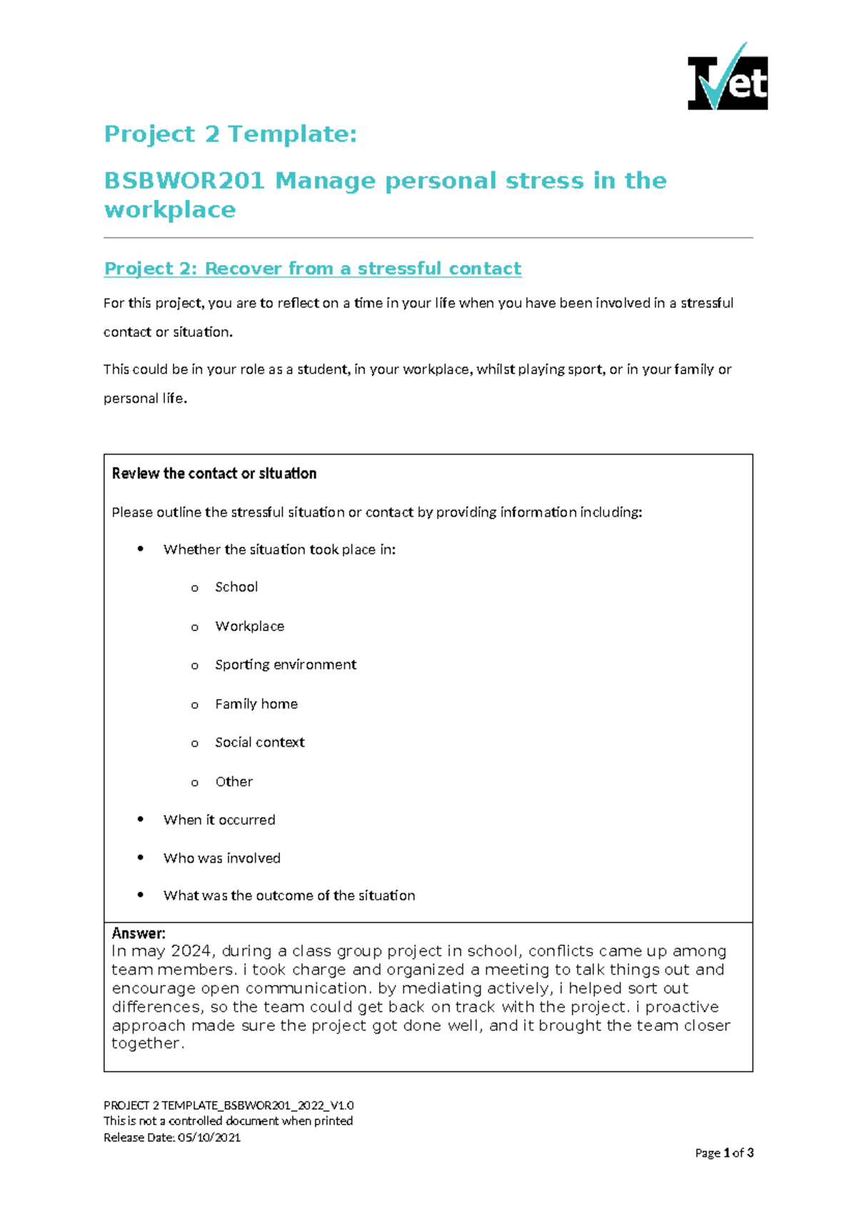 Project 2: Managing Personal Stress in the Workplace - BSBWOR201 - Studocu