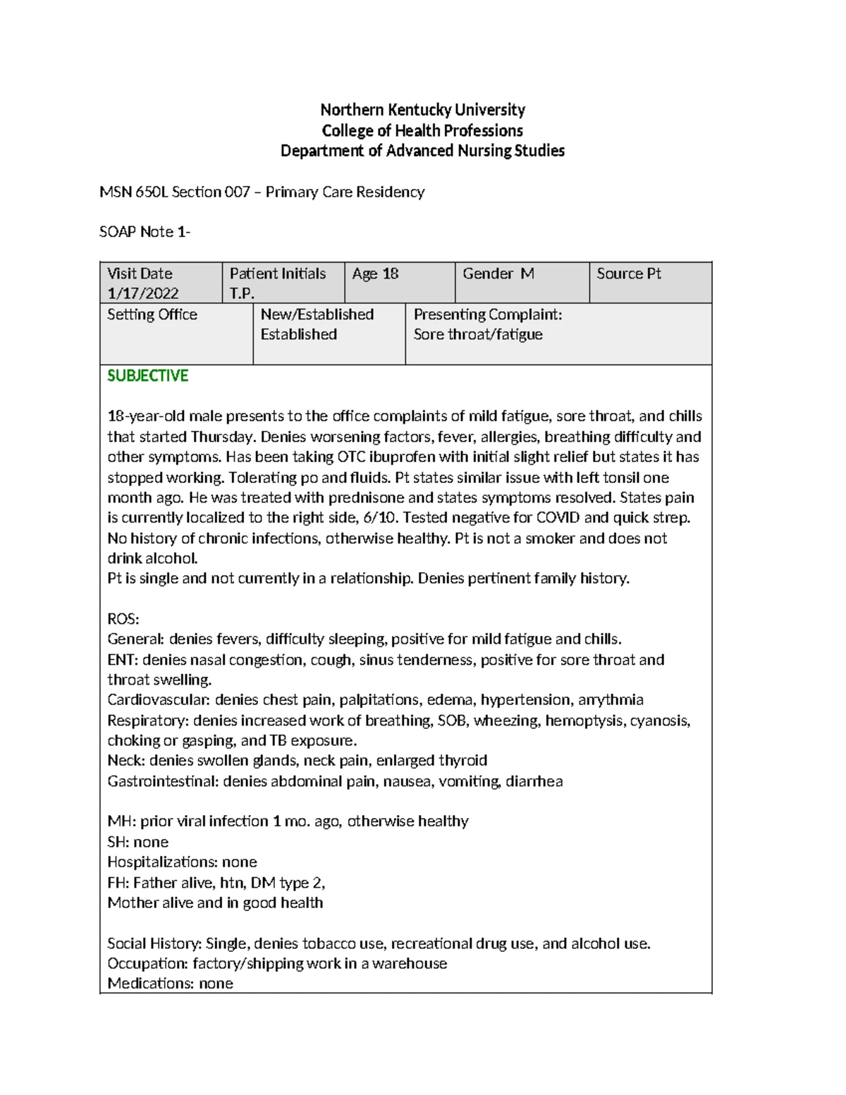 SOAP Note 2 - Case Study - Northern Kentucky University College of ...