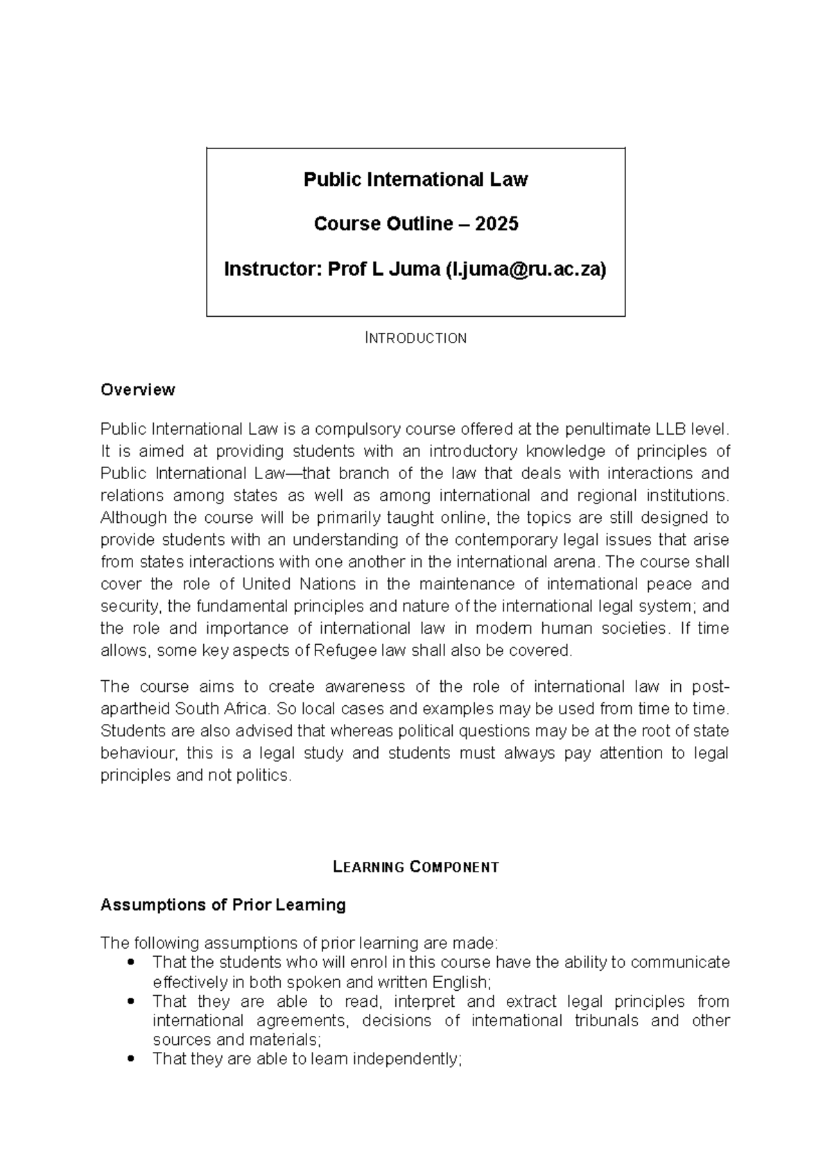 Public International Law Course Outline 2025 - Prof L Juma - Studocu