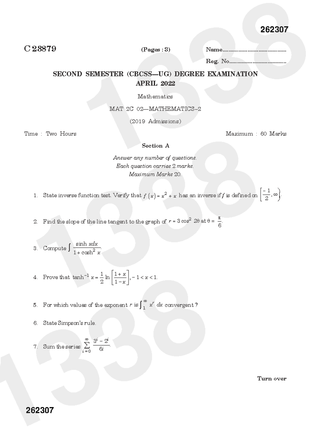 Mathematics MAT 2C Final Exam April 2022 (2019 Admissions) - Studocu