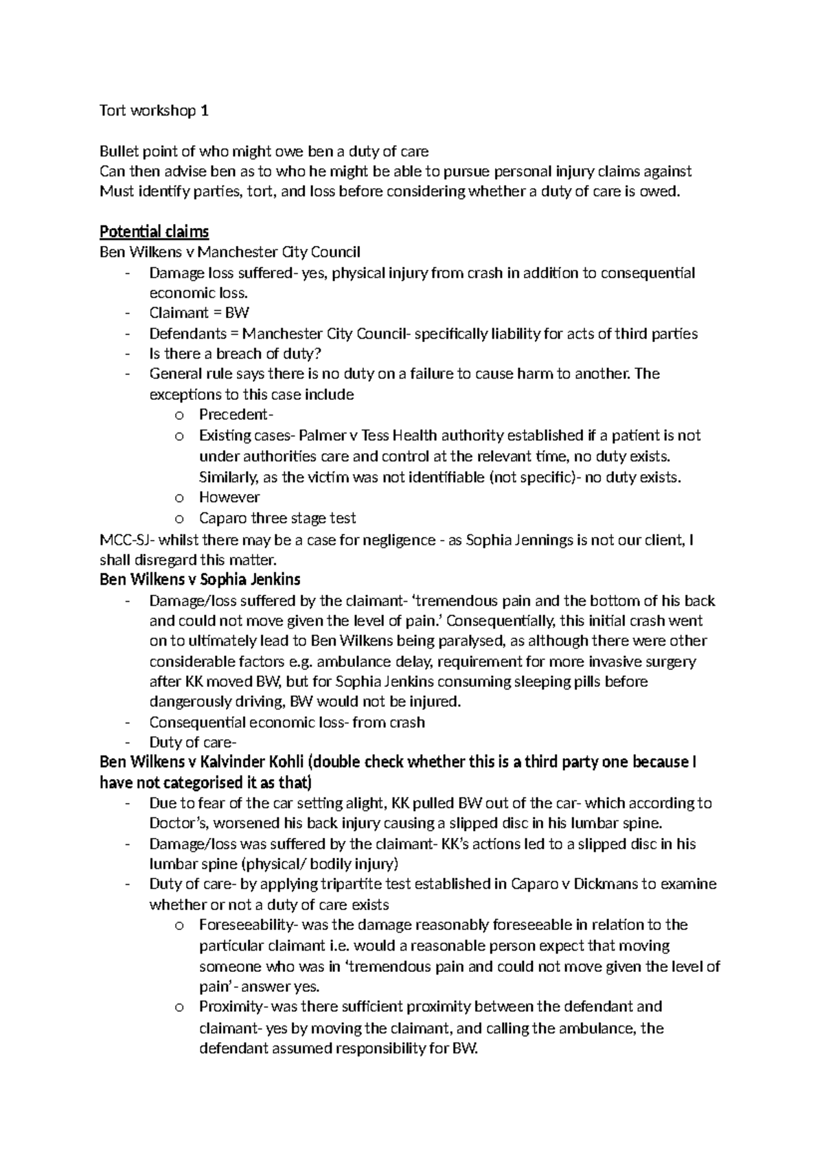 Tort Workshop 1 - Duty of Care Analysis and Potential Claims - Studocu