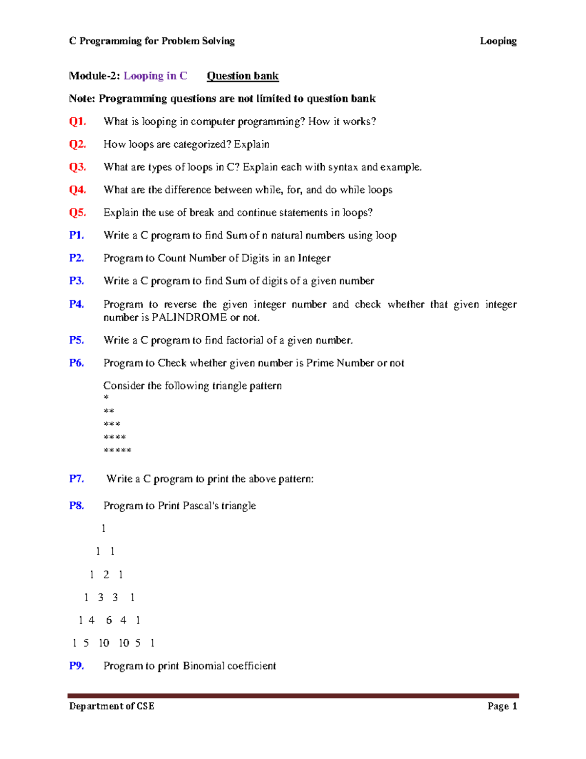 CSE Module-2: Looping Concepts and Programming Questions - Studocu