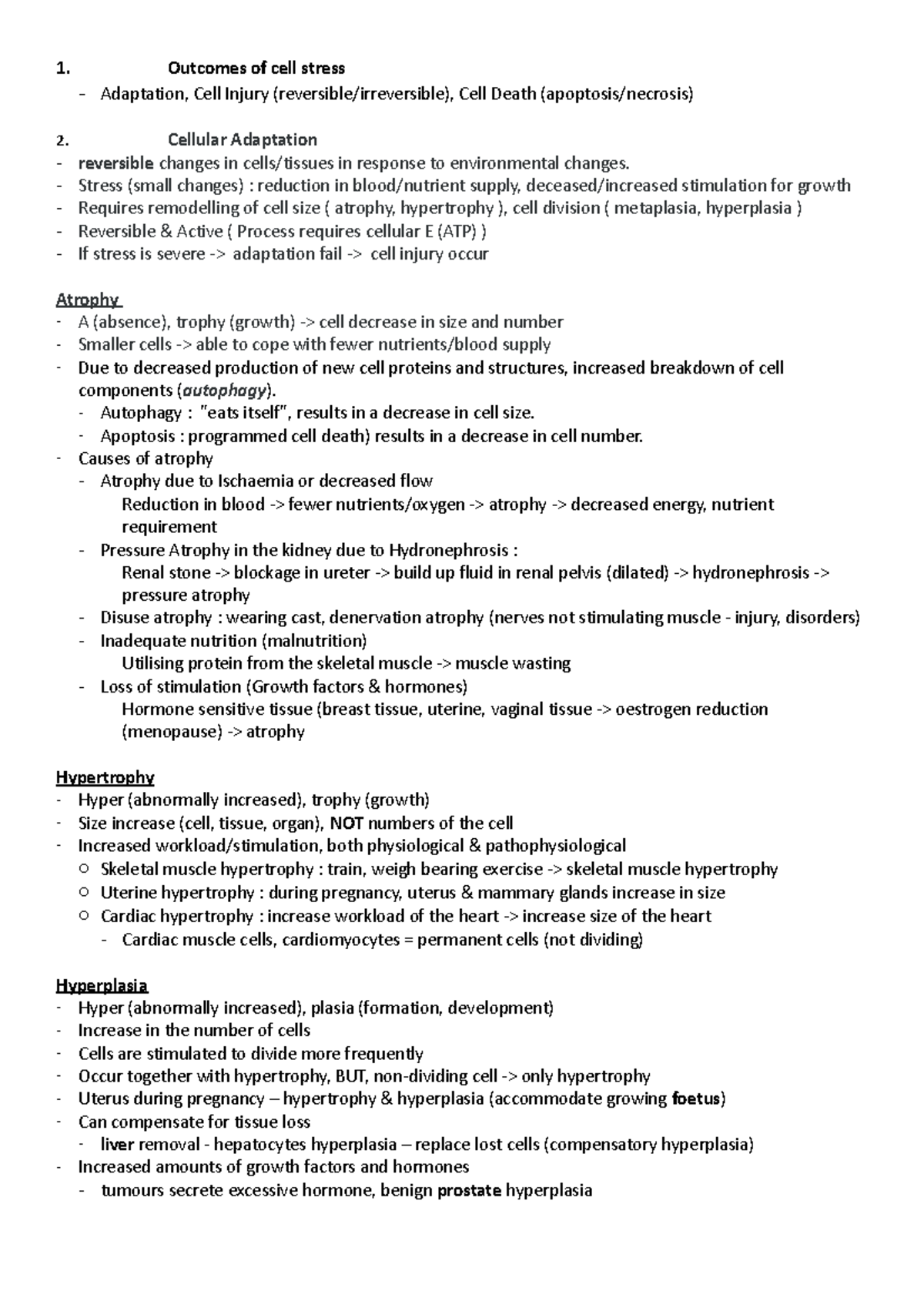W1 - Lecture Notes on Cell Stress Outcomes and Injury Mechanisms - Studocu