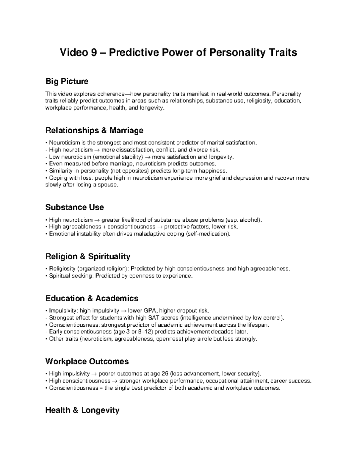 Video 9: Predictive Power of Personality Traits - Key Insights - Studocu