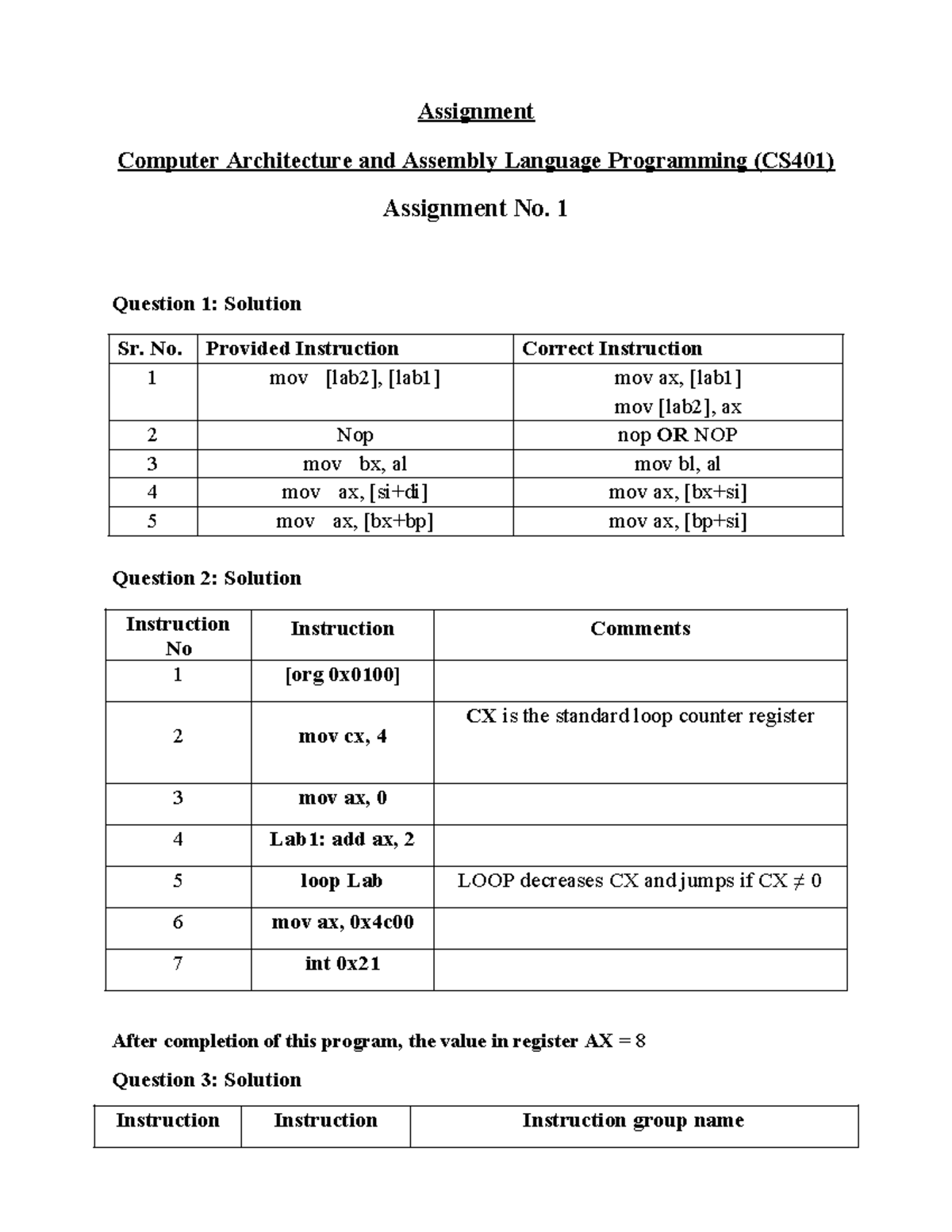 Assignment CS401 - Computer Architecture & Assembly Language Solutions ...