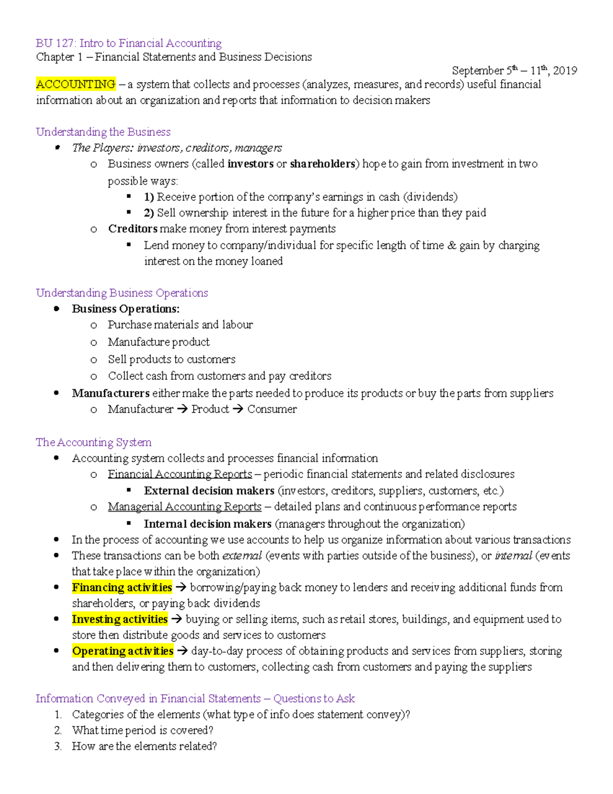 Chapter 1 – Financial Statements and Business Decisions - Chapter 1 ...