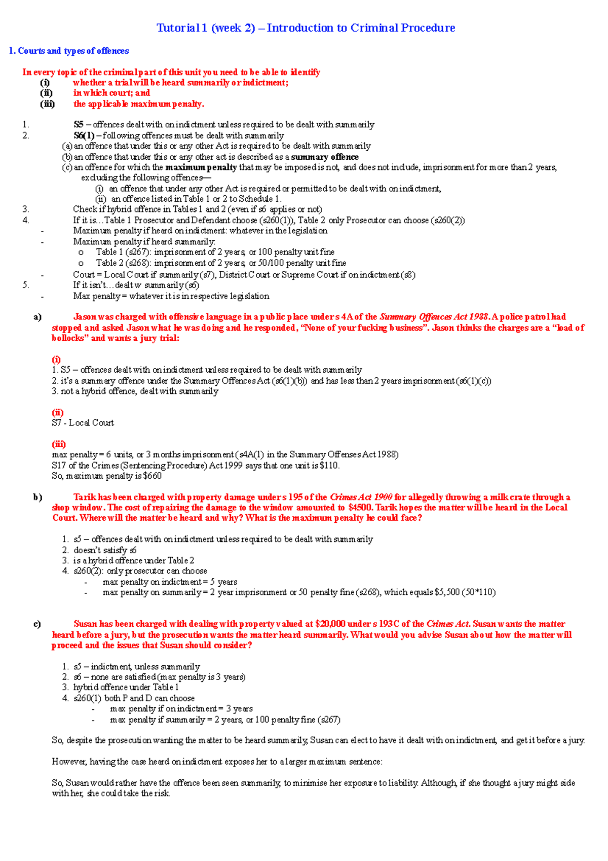 Criminal Procedure Tute Answers (Comprehensive) - Tutorial 1 (week 2 ...