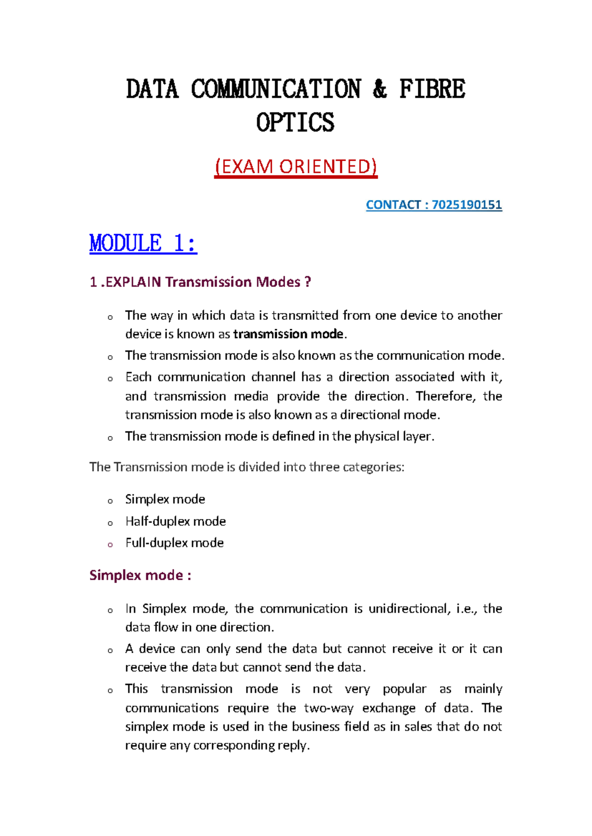 DATA Communication AND Optical Fibre EXAM Oriented - DATA COMMUNICATION ...