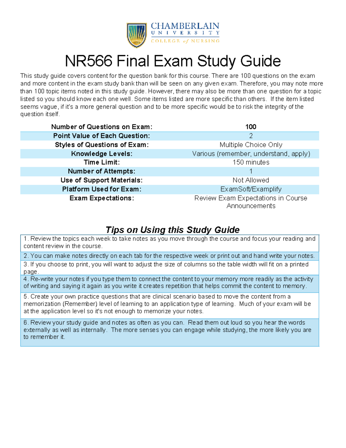 NR566 Final Exam Study Guide: Key Topics and Tips for Success - Studocu