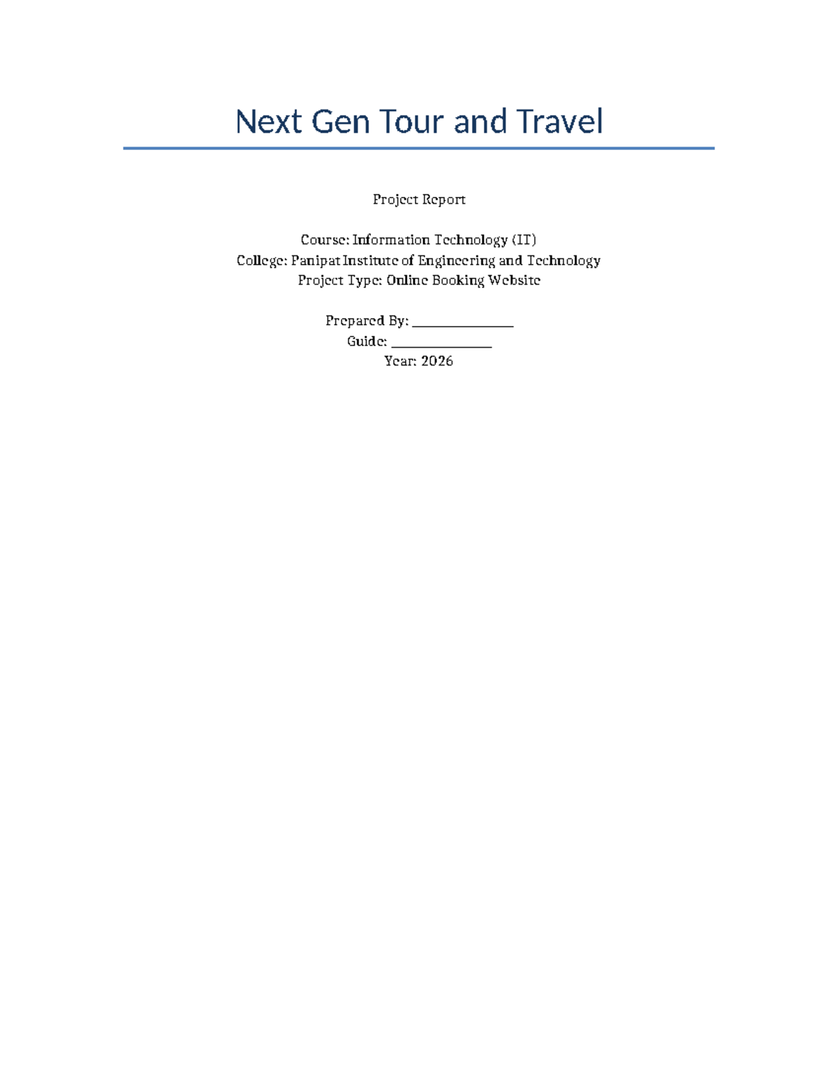 Next Gen Tour and Travel Project Report: IT Course Overview - Studocu
