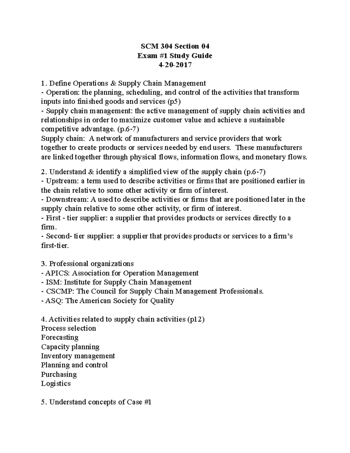 SCM 304 Exam 1 Study Guide: Key Concepts and Strategies Review - Studocu