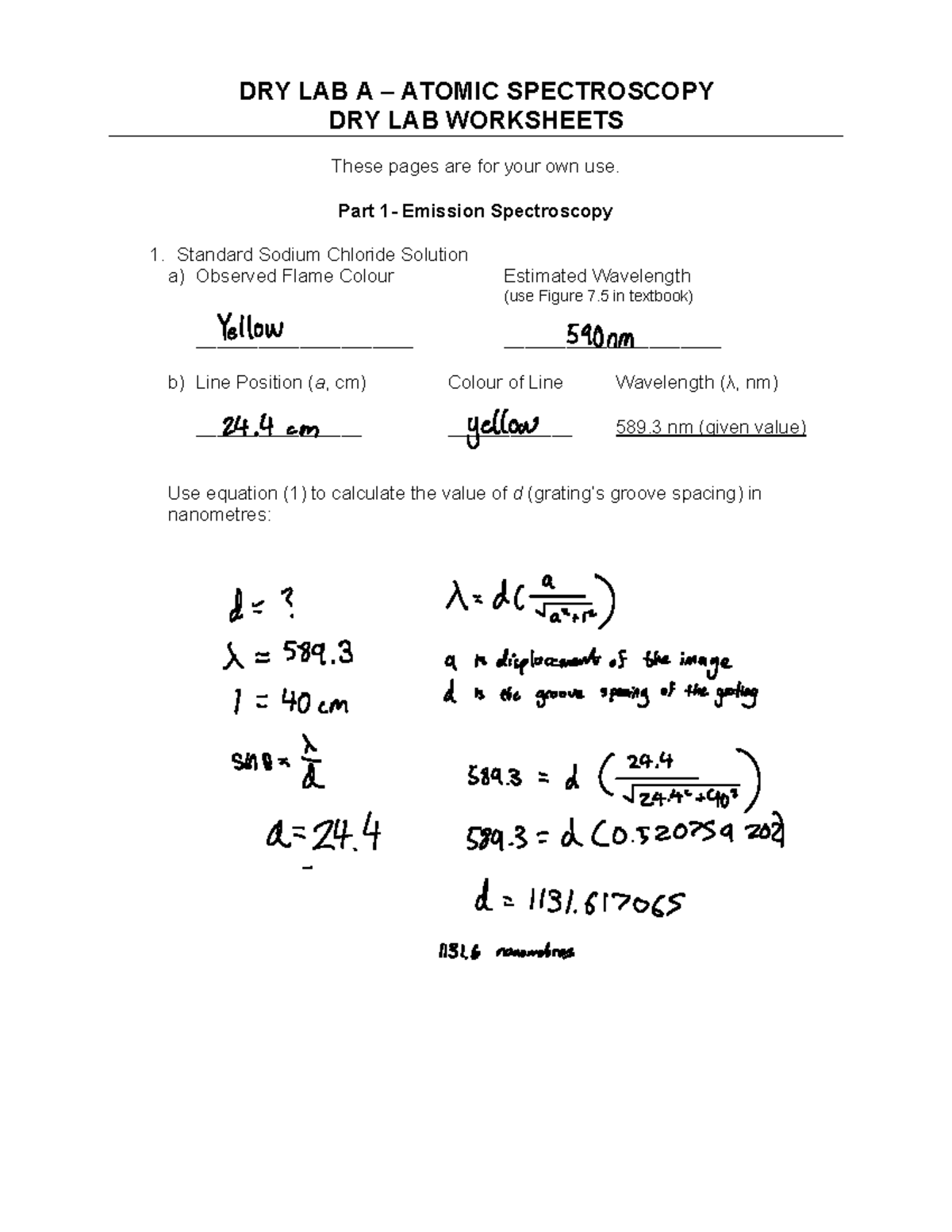 Atomic Spectroscopy Dry Lab Worksheets (CHEM 2) - Studocu