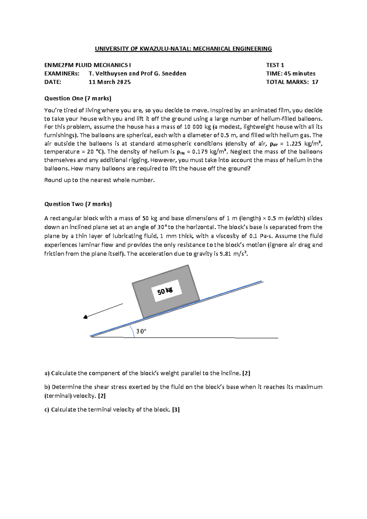 ENME2FM Fluid Mechanics I Test 1 - March 2025 - Studocu