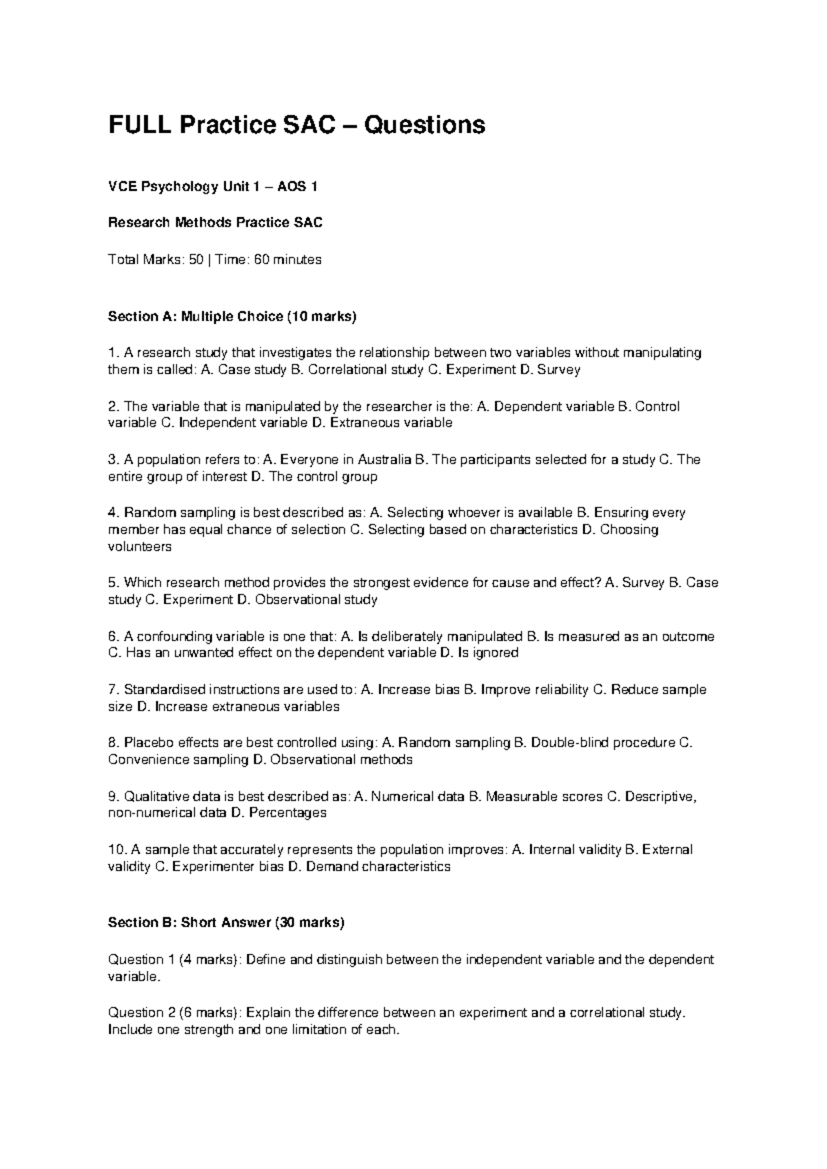VCE Psych Unit 1 AOS 1 Full Practice SAC Questions and Answers - Studocu