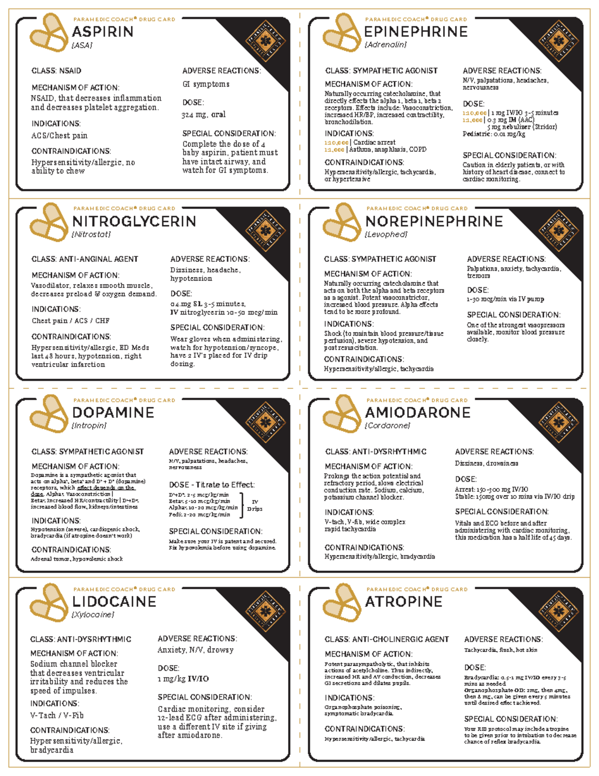 Paramedic coach drug cards aspirin mechanism of action indications
