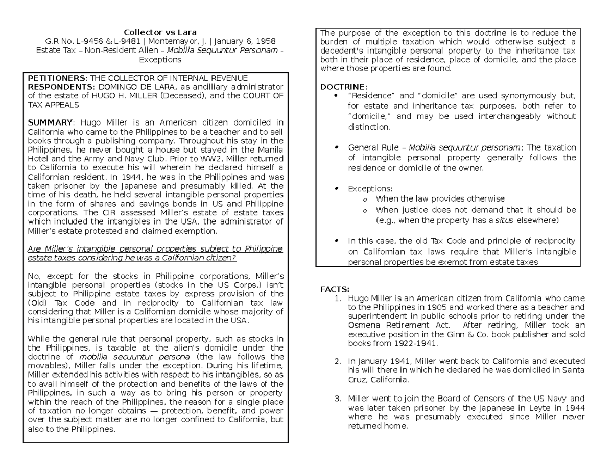 Collector vs. Lara: Ruling on Estate Tax & Non-Resident Alien Case ...