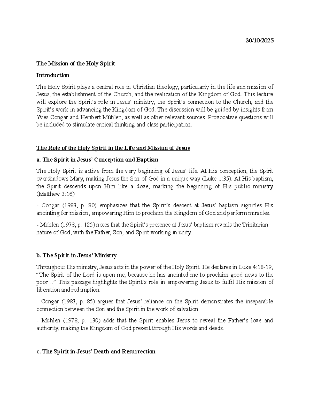 Mission of the Holy Spirit: Lecture Notes 18032025 - Studocu