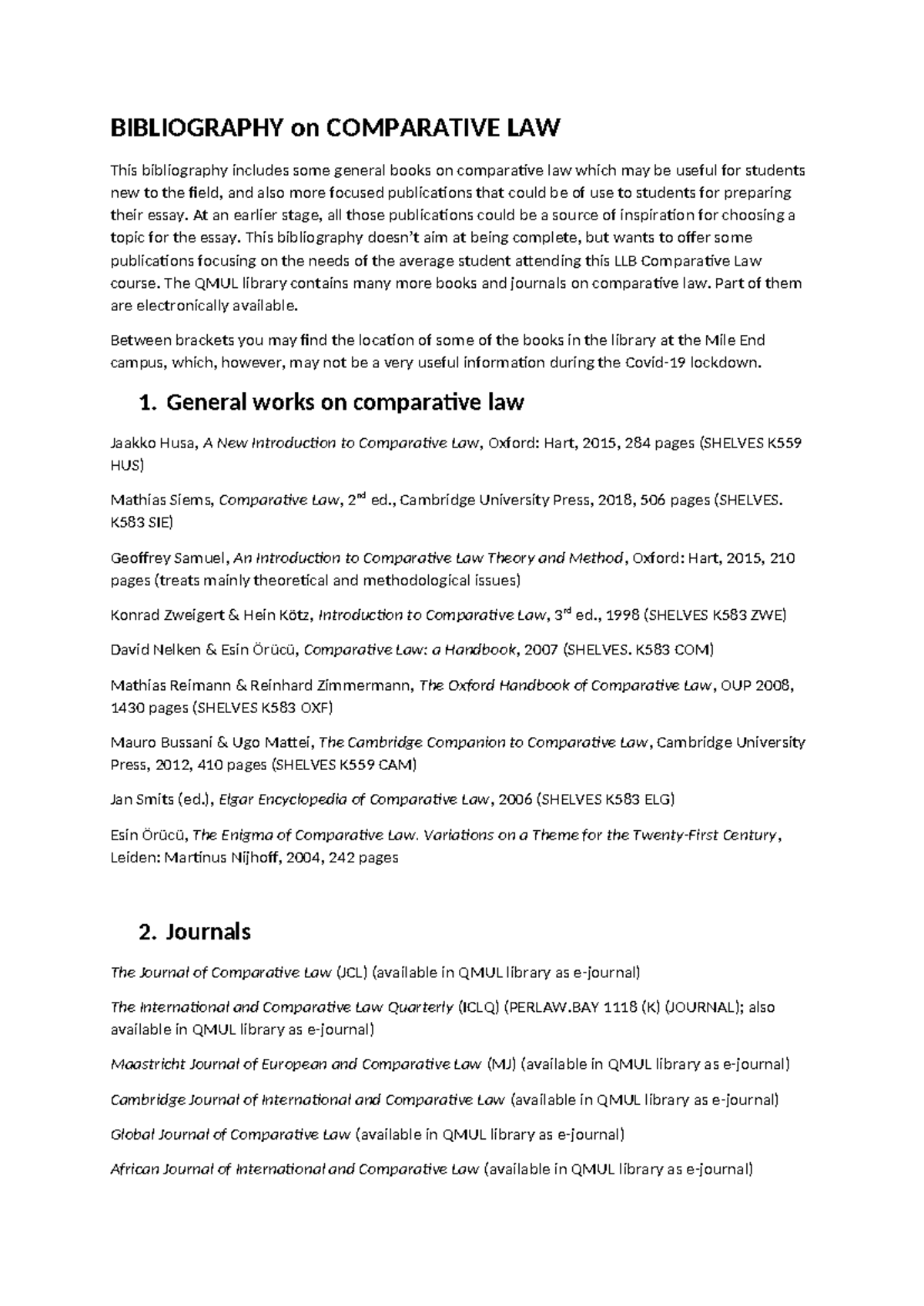 Comparative reading list - BIBLIOGRAPHY on COMPARATIVE LAW This ...