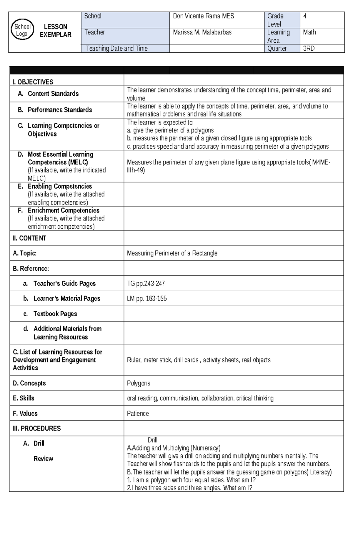 MATH 4 Q3 - Lesson Plan for Measuring Perimeter of Polygons - Studocu