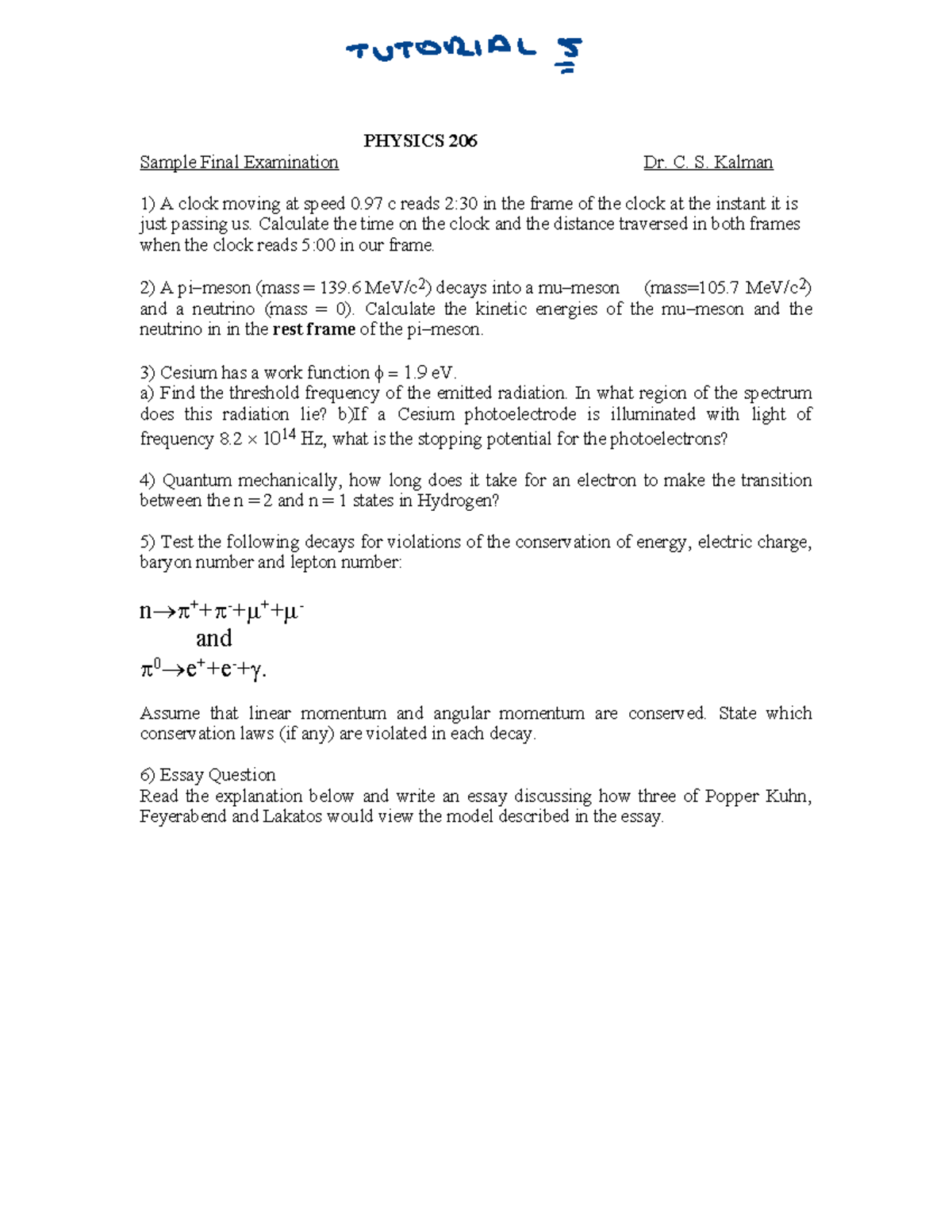 PHYSICS 206 - Final Exam Study Guide and Sample Questions - Studocu