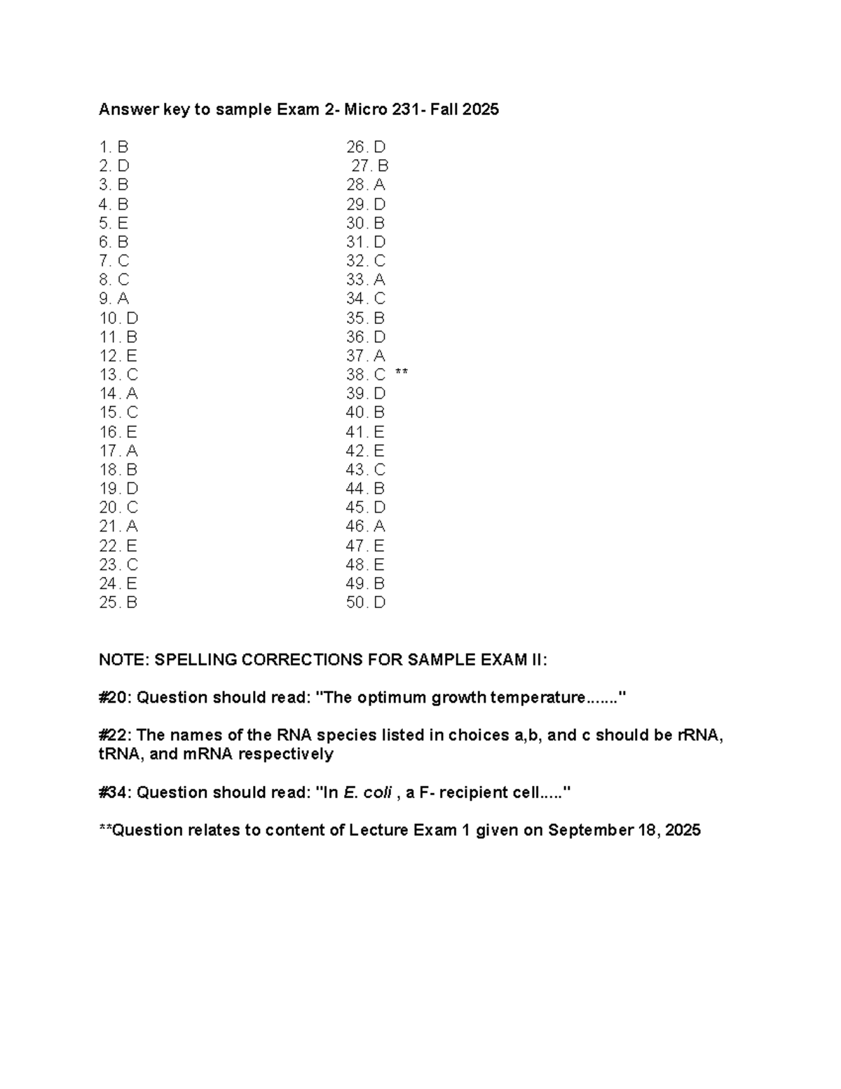 Sample Exam 2 Answer Key for Micro 231 - Fall 2025 - Studocu