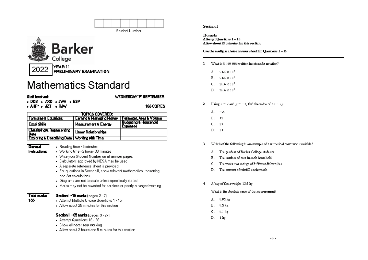 Year 7 Mathematics Assessment Task 4 - Exam Paper (2018) - Studocu