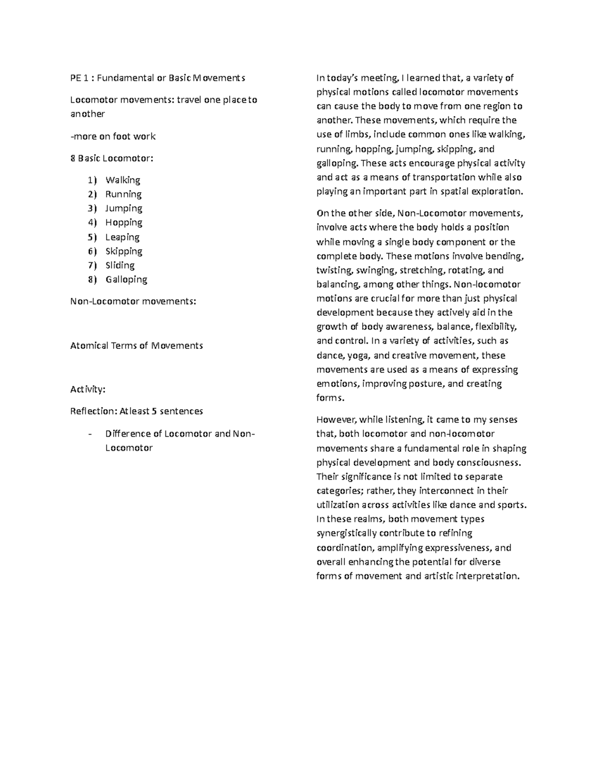 PE NU - Fundamental Movements: Locomotor vs Non-Locomotor Notes - Studocu
