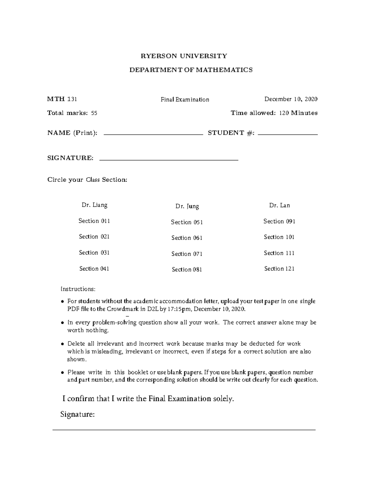 MTH131-FALL2020 Final Exam Instructions and Questions - Studocu