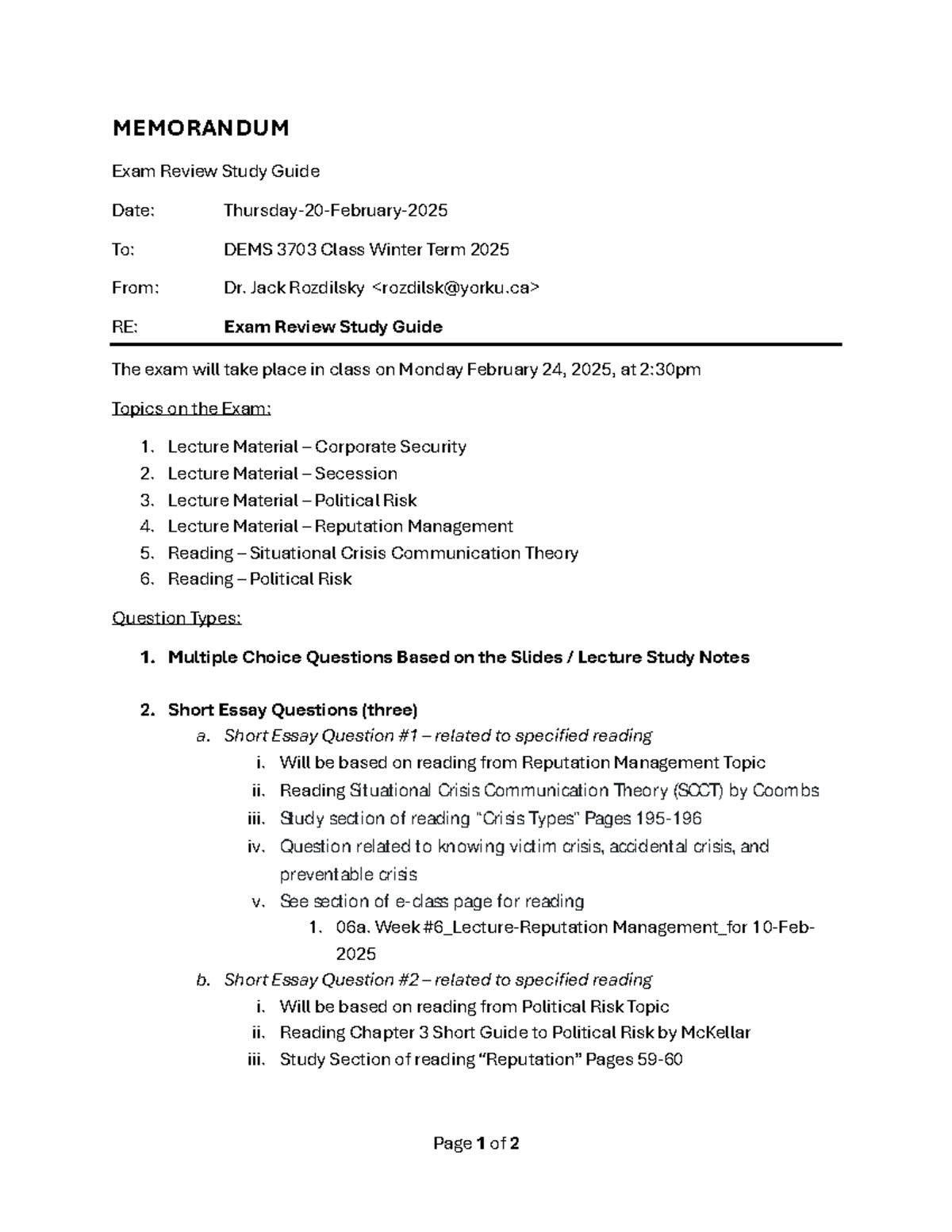 Mid term exam study notes - Page 1 of 2 MEMORANDUM Exam Review Study ...