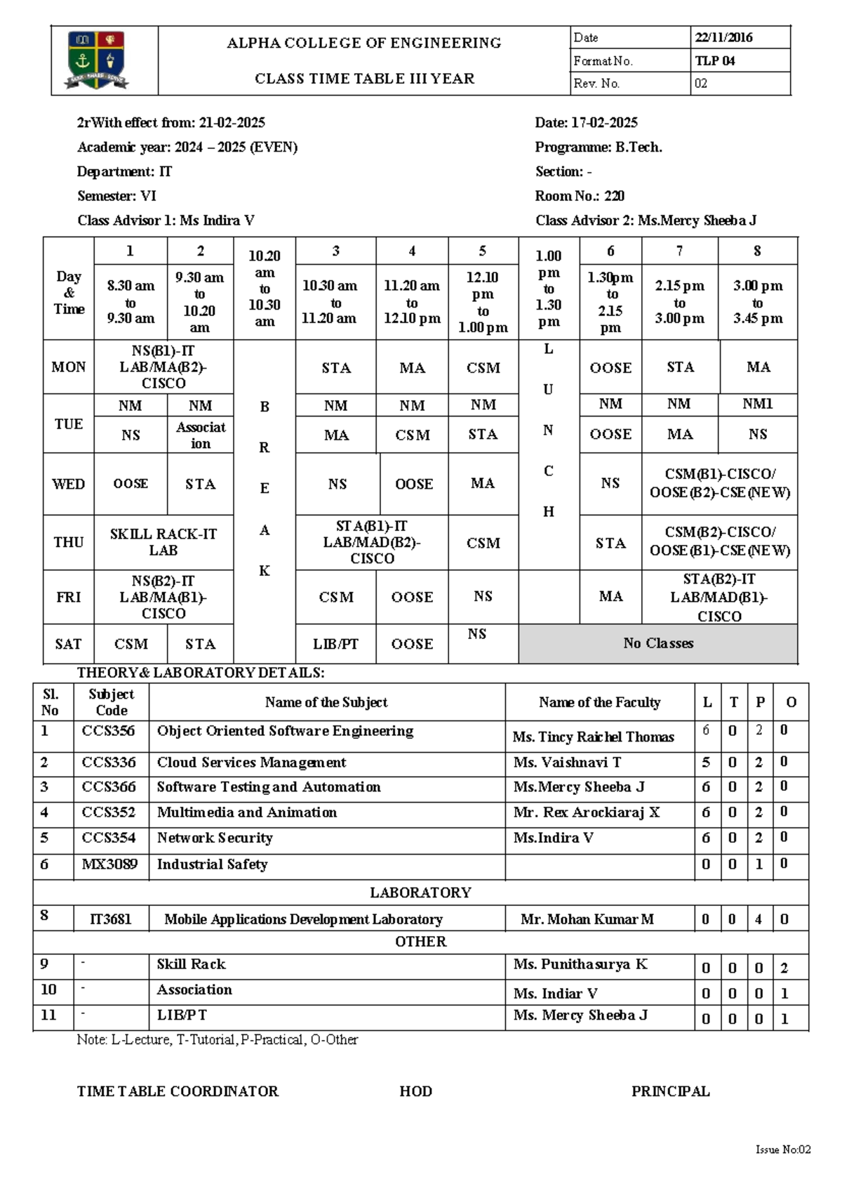 III Year IT - Class Timetable - Even Sem 2024-2025 - Studocu