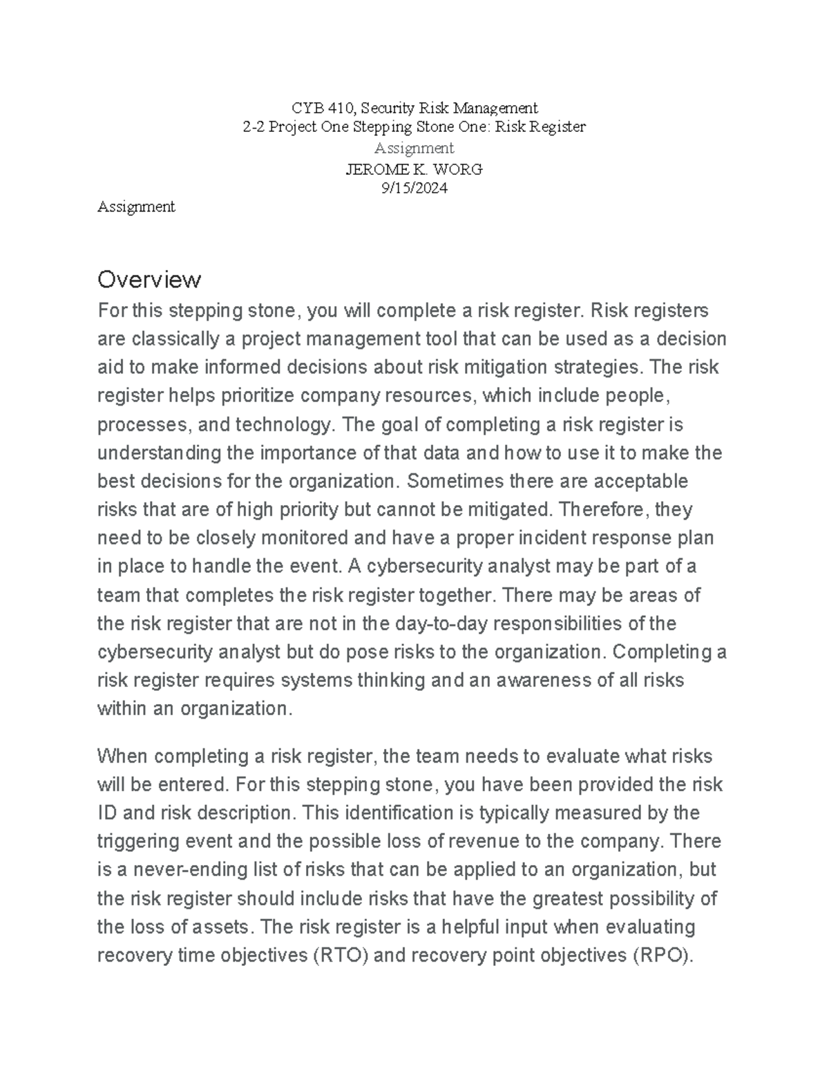 CYB 410: Risk Register for Project One - Stepping Stone One Analysis ...