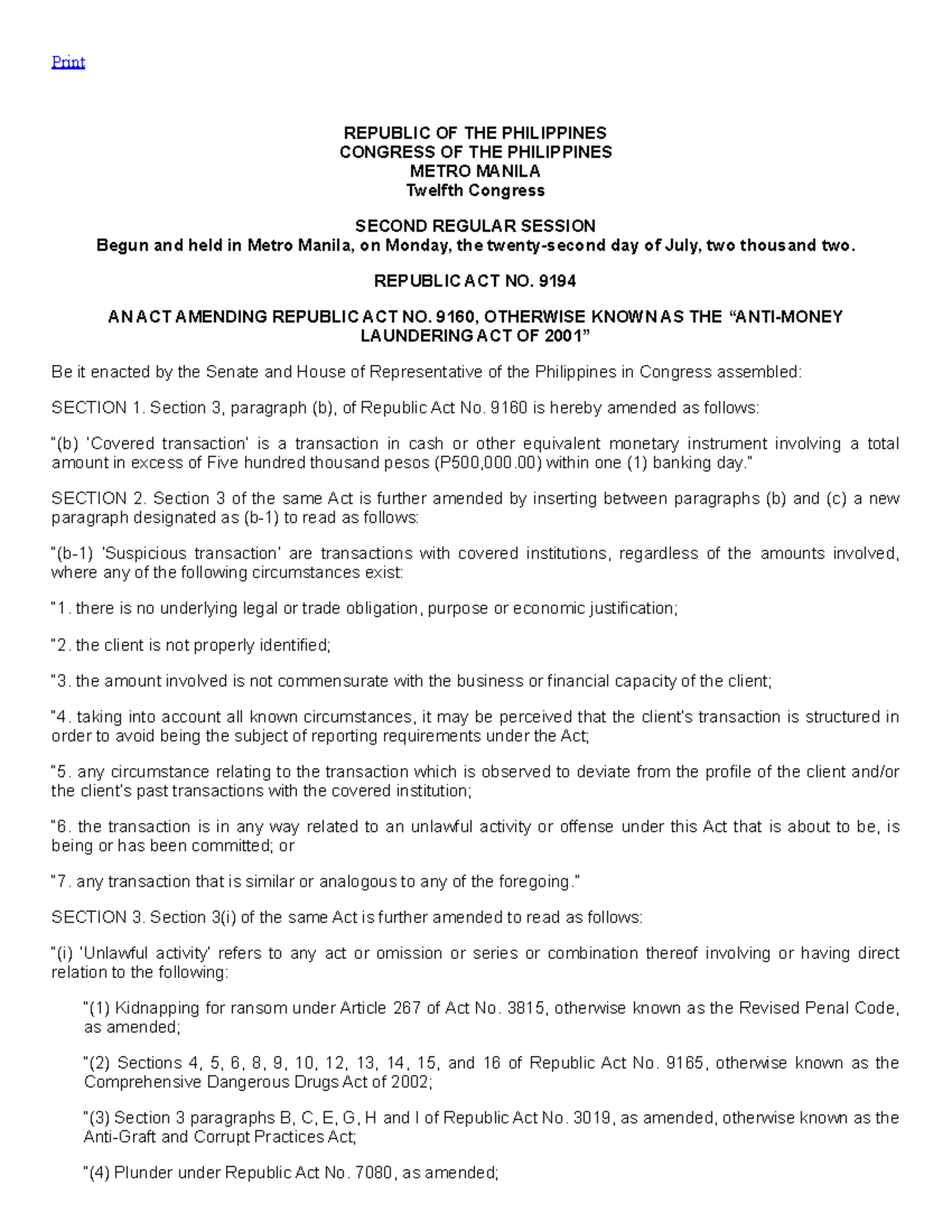 Republic Act No. 9194 - Print REPUBLIC OF THE PHILIPPINES CONGRESS OF ...