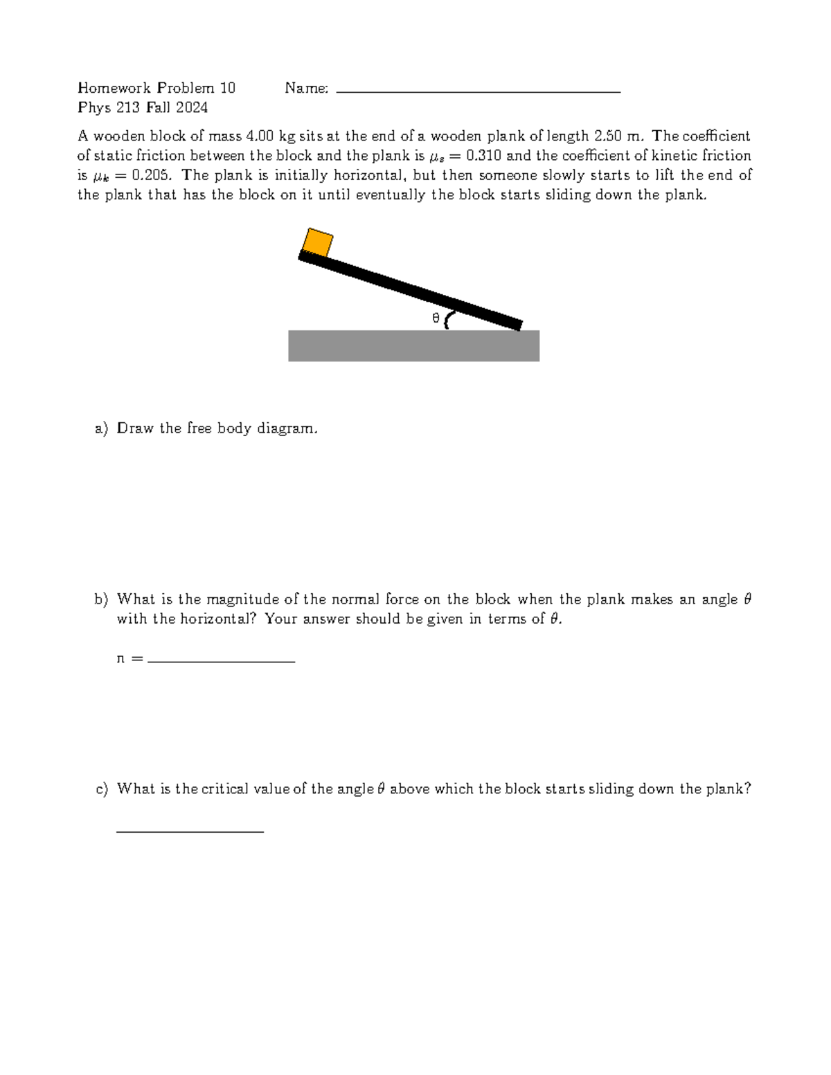 Phys 213 Homework Problem 10: Friction and Normal Force Analysis - Studocu