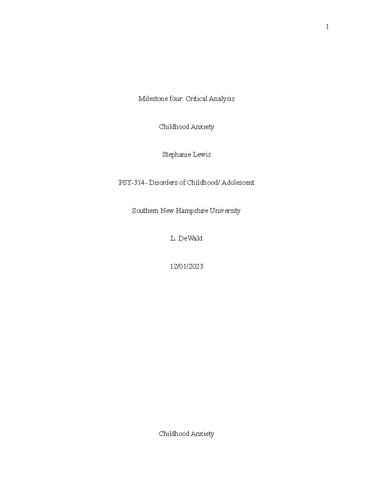 PSY-314 Final Milestone: Childhood Anxiety Critical Analysis - Studocu